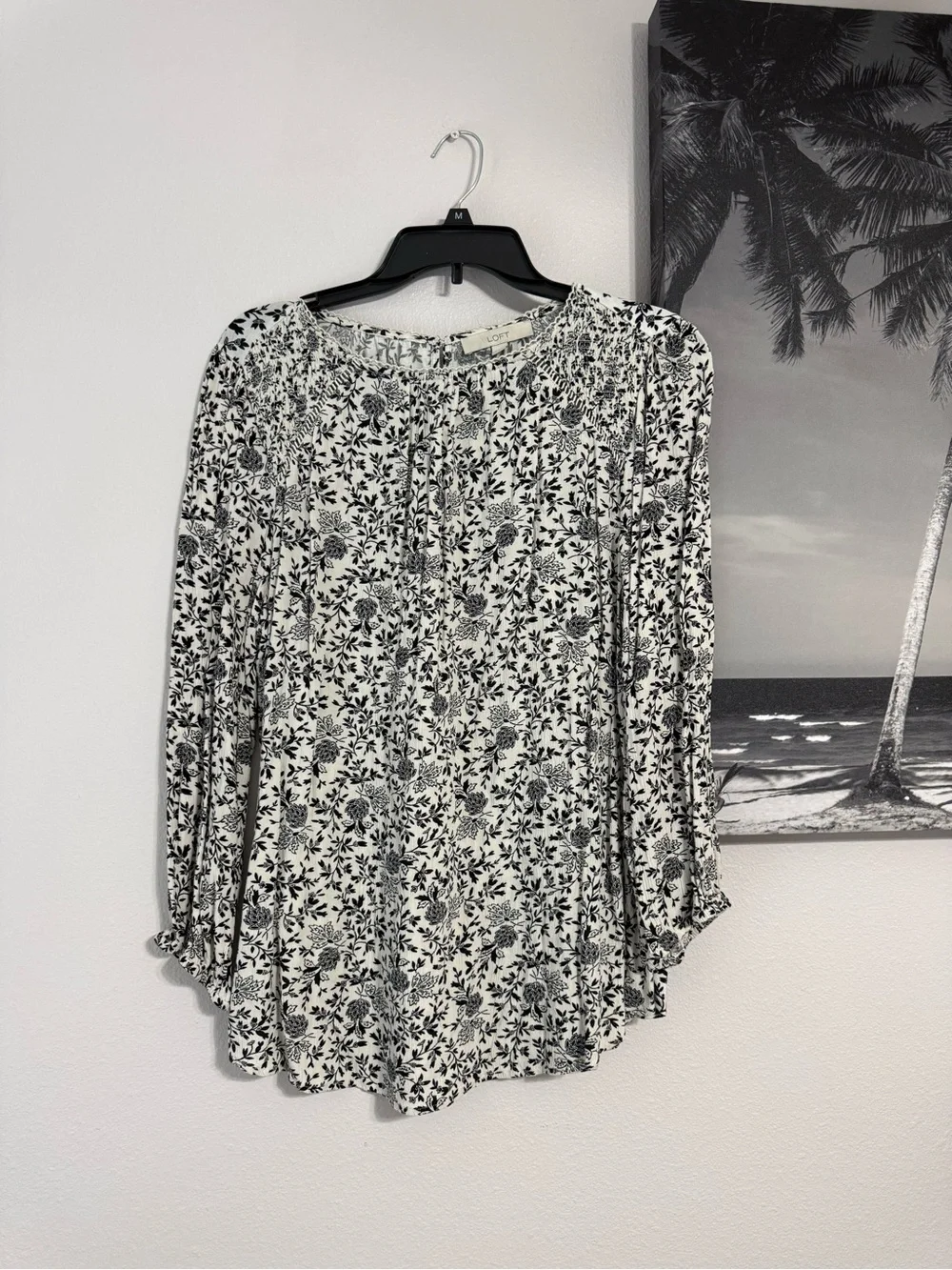 LOFT Black & White Floral Puff-Sleeve Blouse